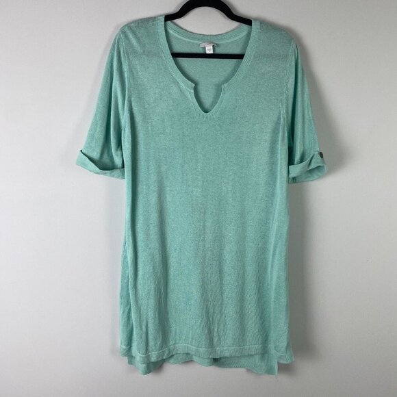 J Jill Sweater Knit Tunic Womens Large Linen Blend Split Neck Half Sleeve - Picture 1 of 10